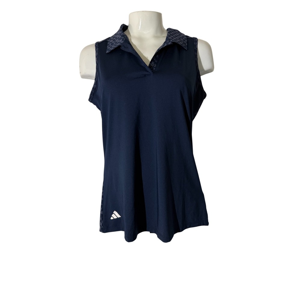 Adidas Womens Sleeveless Golf Polo Shirt Navy Blue Checkered Collar Size S